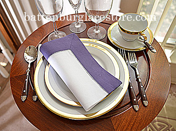 White Hemstitch Dinner Napkin with Imperial Purple border